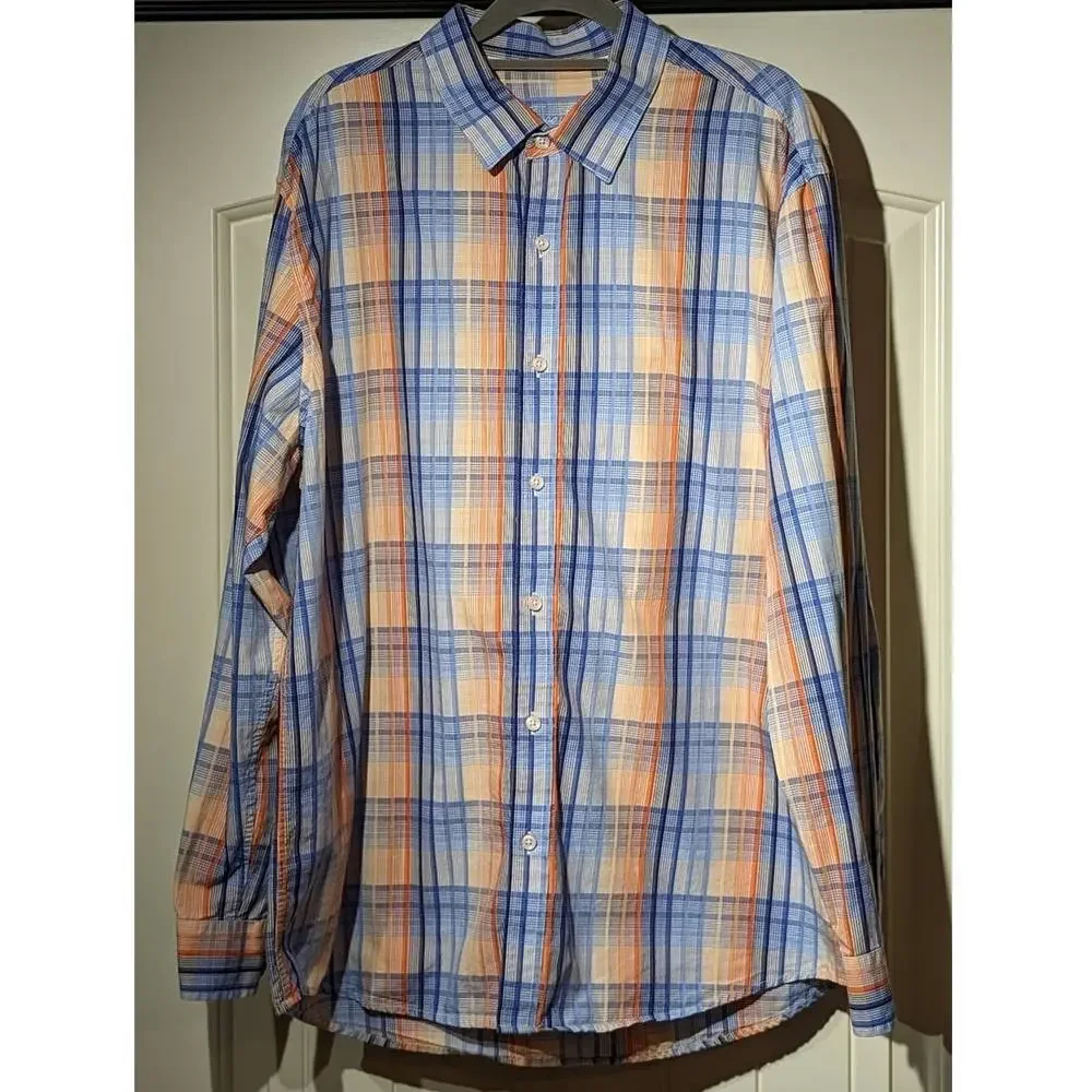 Tasso Elba Blue & Orange Plaid Button Up 100% Cotton Dress Shirt Mens Sz XL